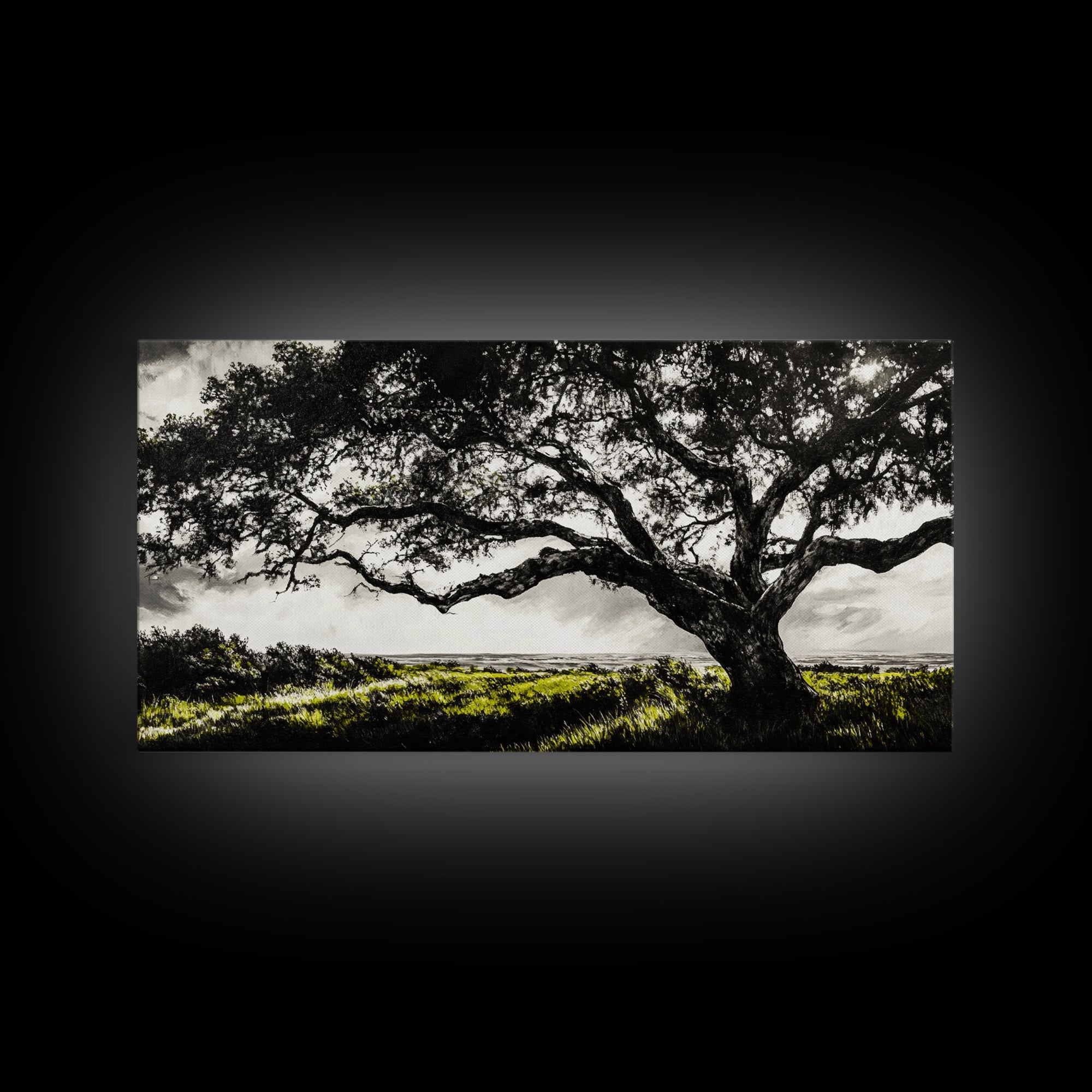 Oak Tree, Scenic Meadow, Black and White Landscape, Framed Canvas Print, Nature Wall Art, Large Canvas Artwork, Living Room Decor