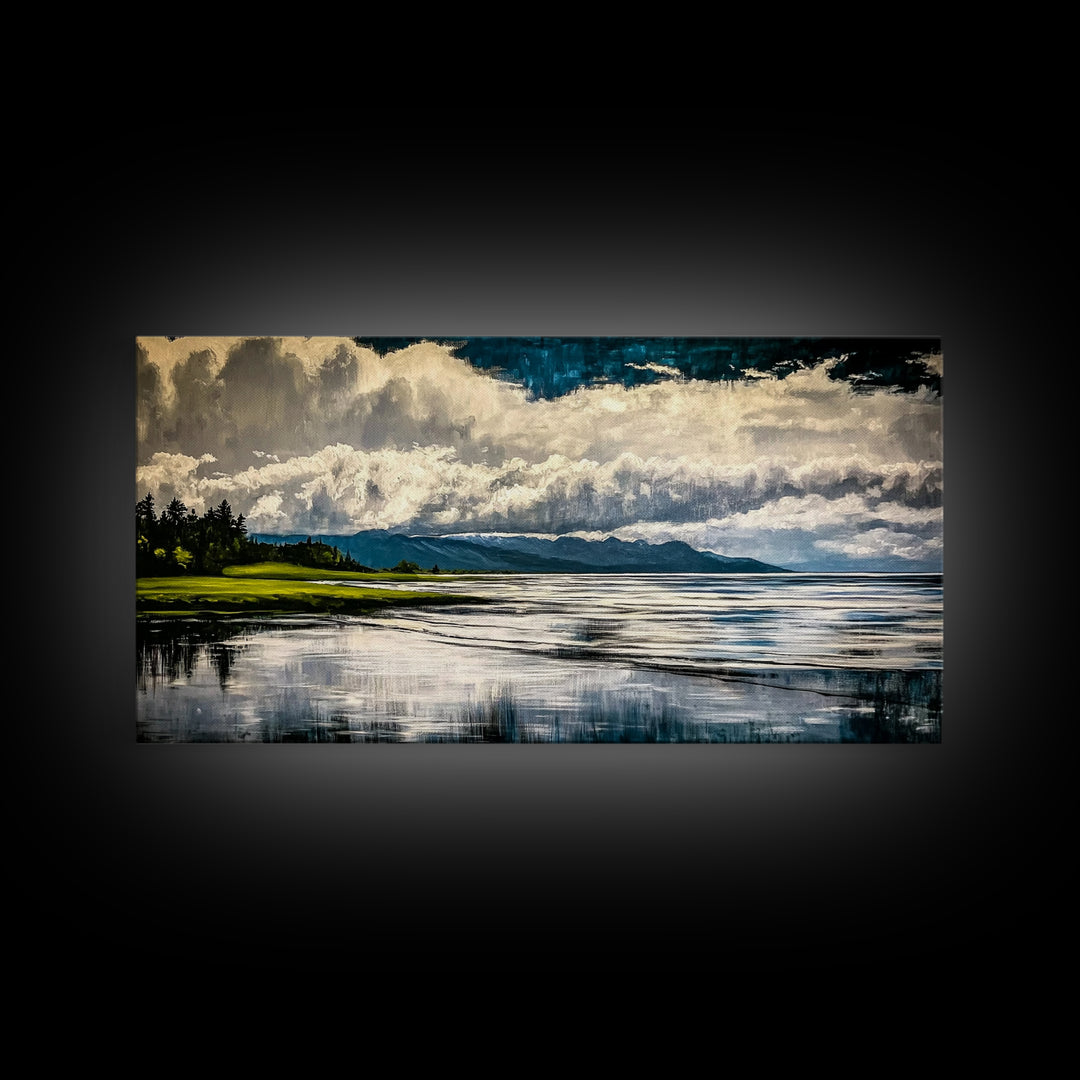 River Reflection, Scenic Water View, Serene Landscape, Framed Canvas Print, Large Nature Art, Modern Home Decor, Bedroom Wall Art