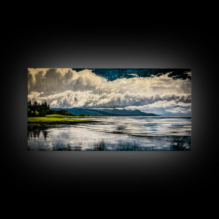 River Reflection, Scenic Water View, Serene Landscape, Framed Canvas Print, Large Nature Art, Modern Home Decor, Bedroom Wall Art