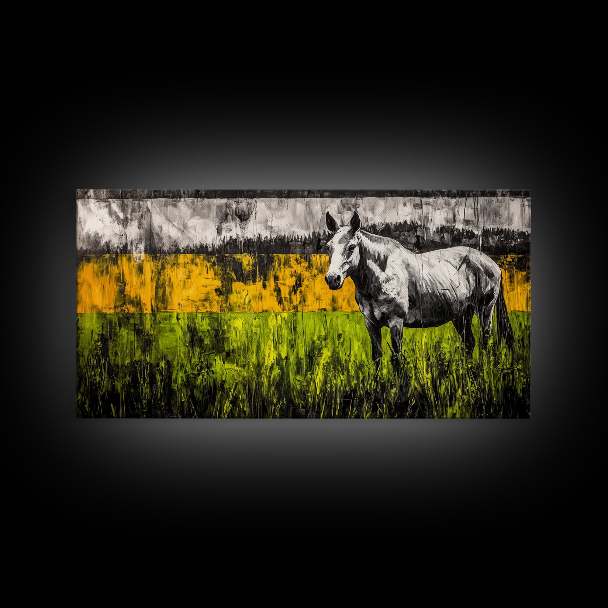 Abstract Horse, Farmhouse, Framed Canvas Print, Rustic Wall Art, Country Decor, Bold Yellow and Green, Large Wall Art, Equestrian Art