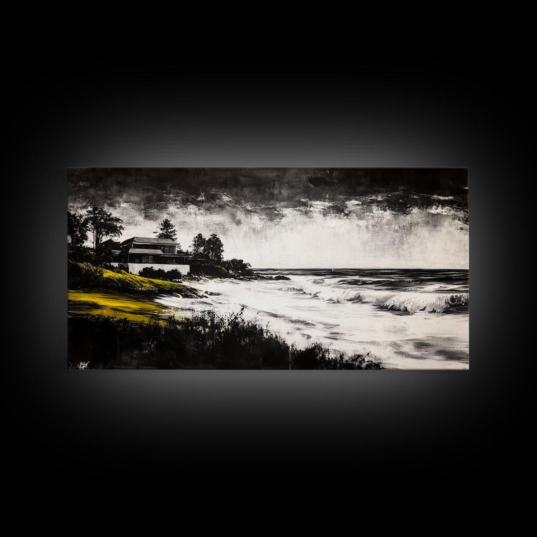 Coastal Landscape, Black and White, Framed Canvas Print, Beach House Wall Art, Nautical Decor, Ocean View Art, Minimalist Seascape