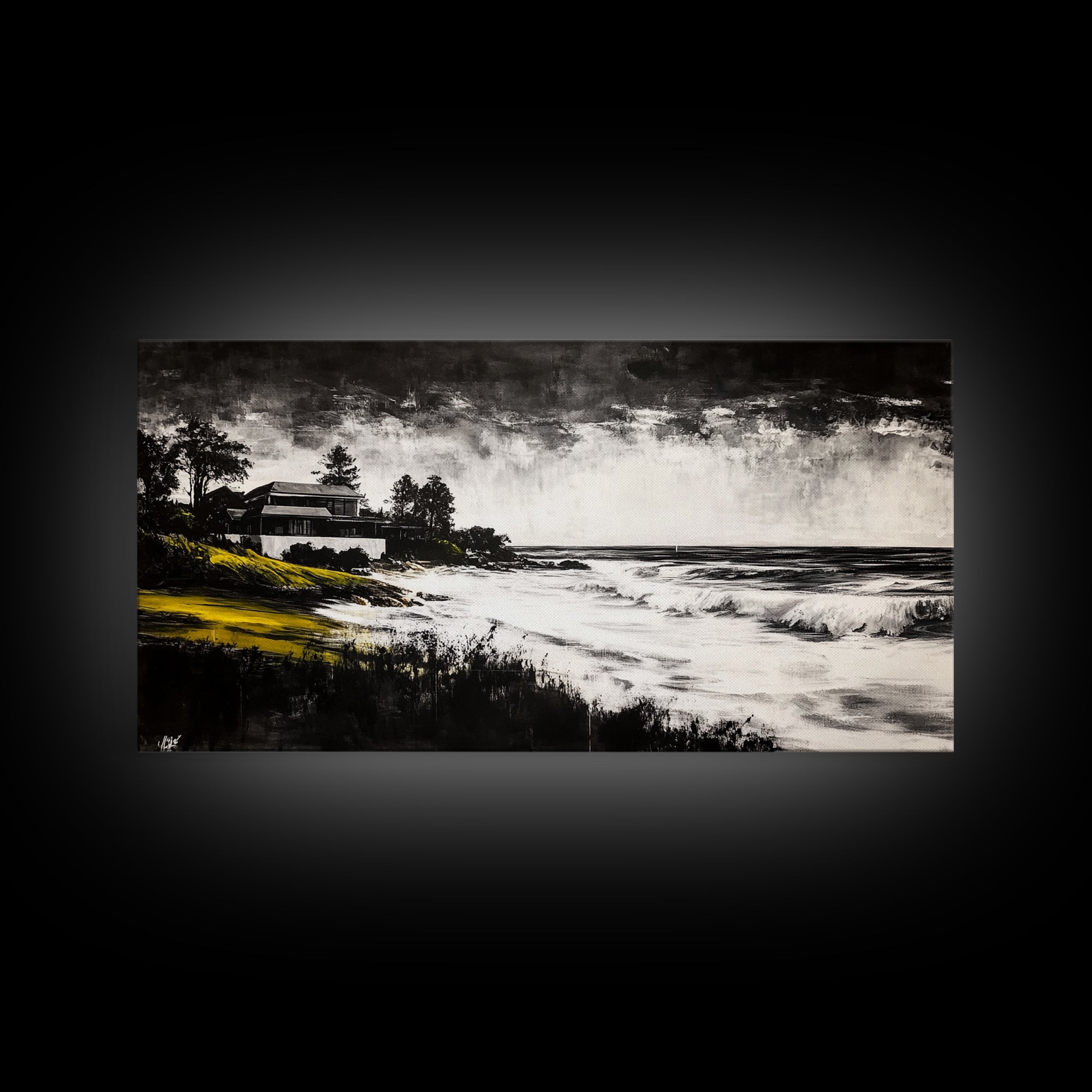 Coastal Landscape, Black and White, Framed Canvas Print, Beach House Wall Art, Nautical Decor, Ocean View Art, Minimalist Seascape