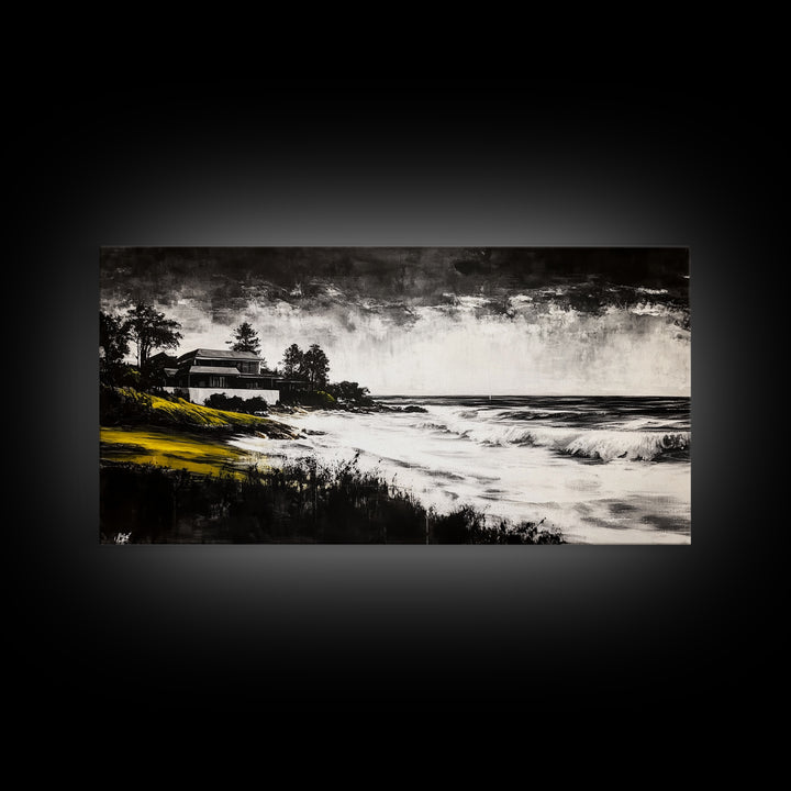 Coastal Landscape, Black and White, Framed Canvas Print, Beach House Wall Art, Nautical Decor, Ocean View Art, Minimalist Seascape