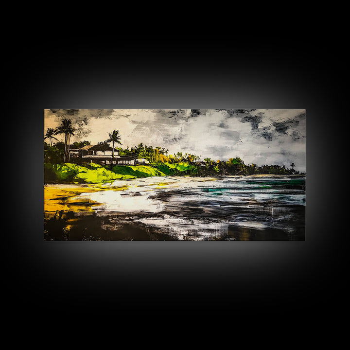 Beach House, Ocean View, Tropical Landscape, Framed Canvas Print, Coastal Art, Beach Wall Decor, Living Room Art, Boho Wall Art