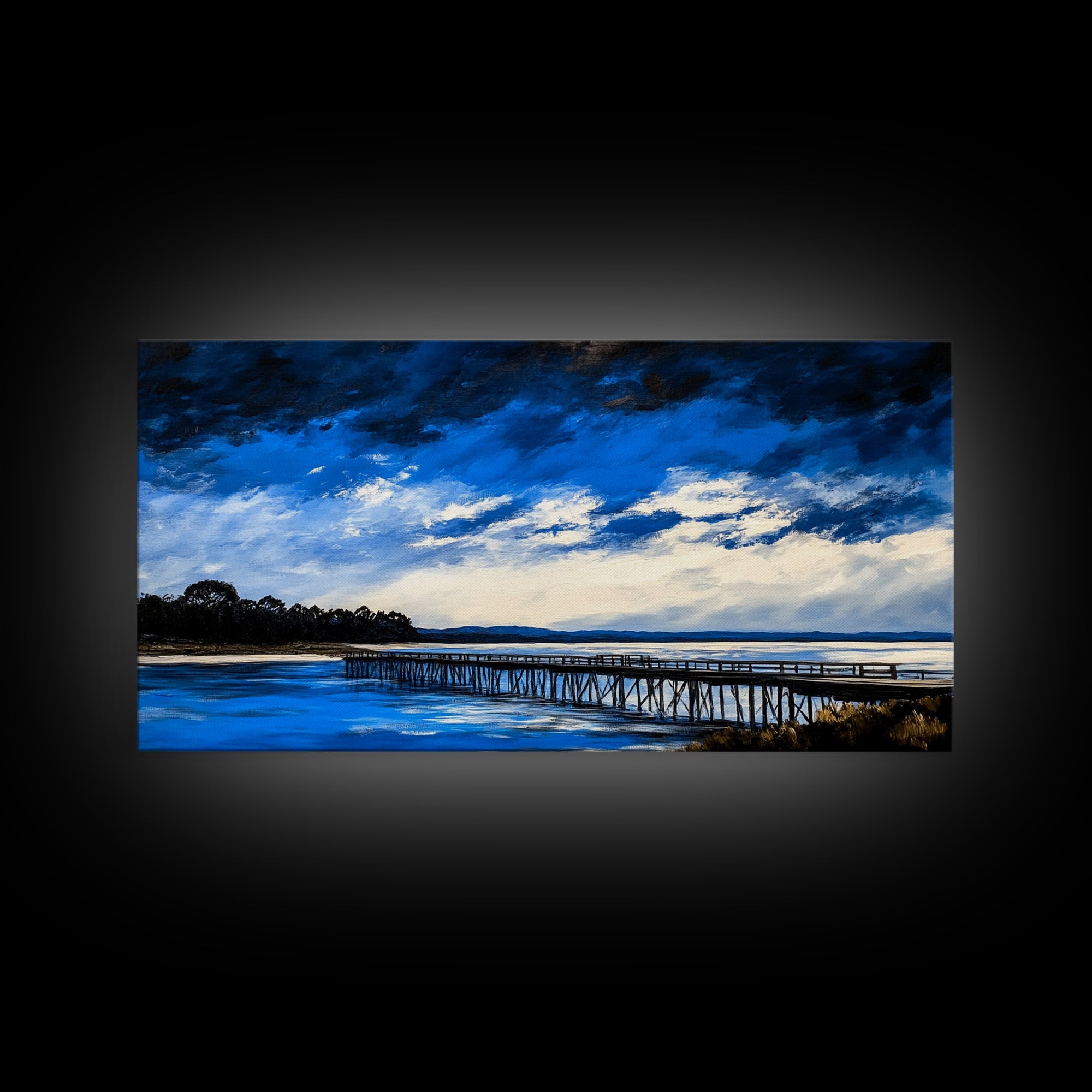 Blue Pier, Lake Scene, Stormy Sky, Framed Canvas Print, Nautical Art, Minimalist Landscape, Bedroom Wall Decor, Large Wall Art