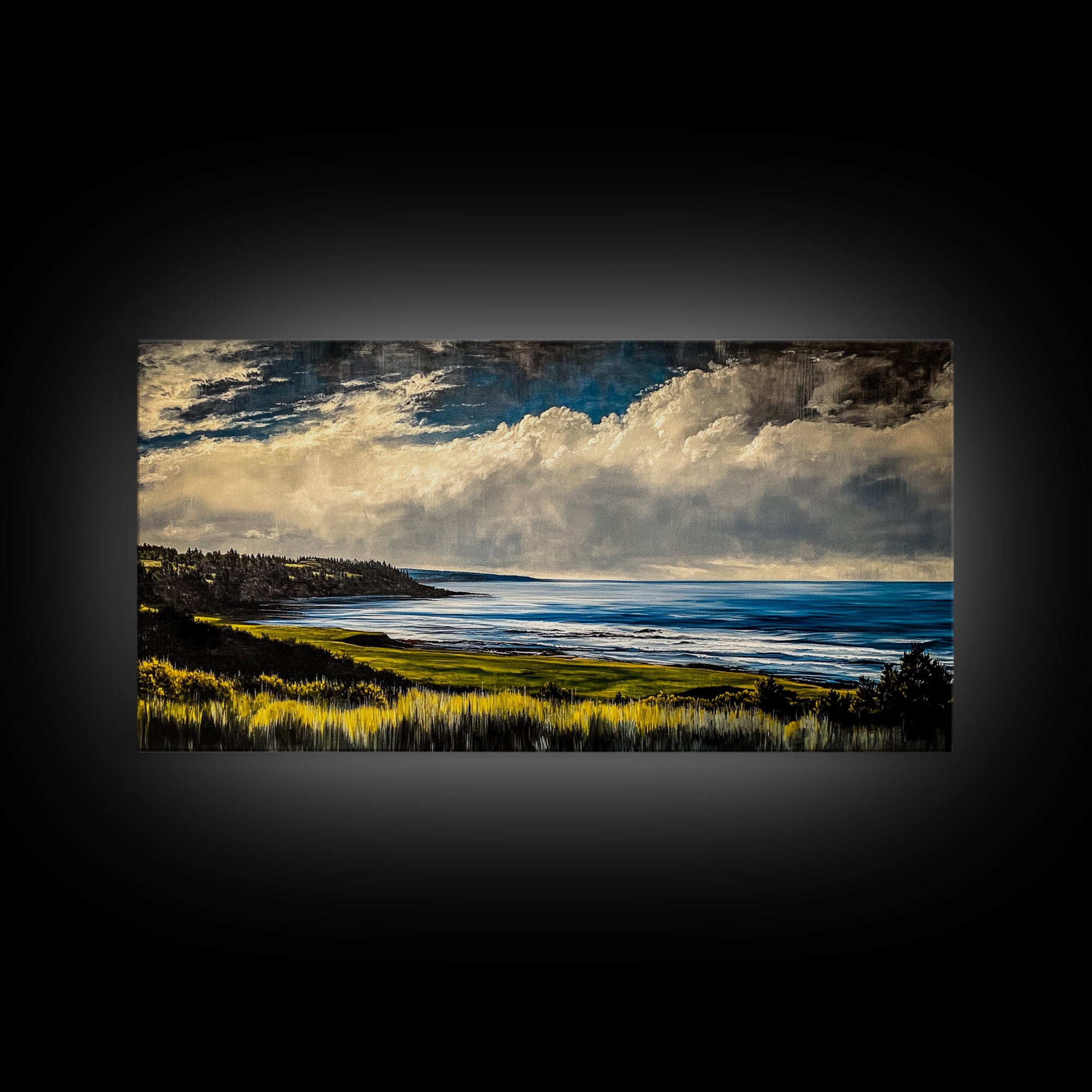 Coastal Bluffs, Ocean Horizon, Cloudy Sky, Framed Canvas Print, Nautical Wall Art, Large Landscape, Living Room Wall Art, Moody Art