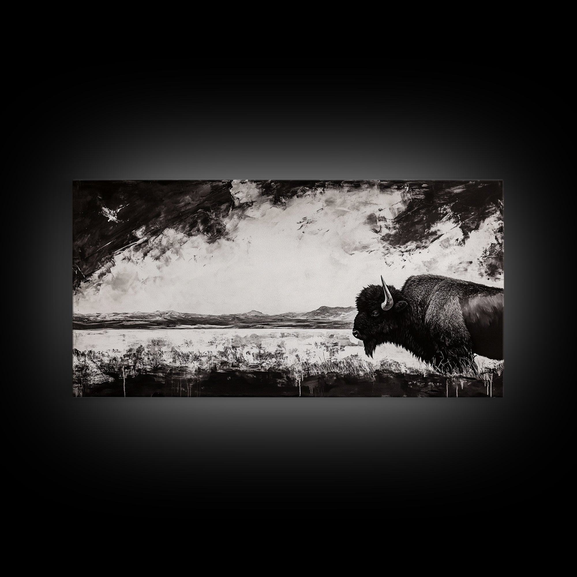 Bison Landscape, Western Art, Black and White Buffalo, Rustic Home Decor, Southwestern Wall Art, Nature Artwork, Framed Canvas Print