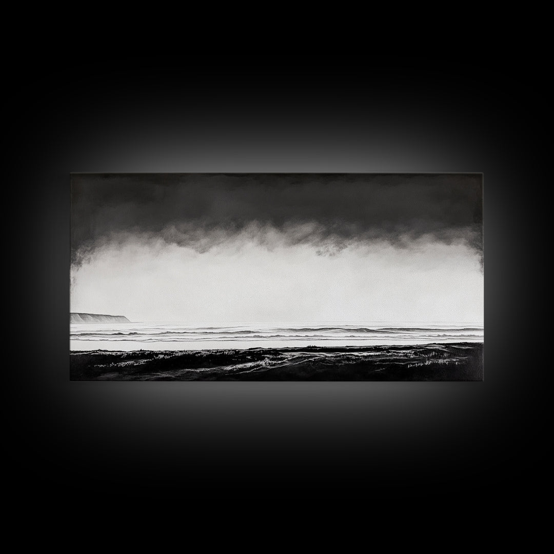Foggy Ocean, Misty Beach, Black and White Minimalist, Canvas Print, Modern Wall Art, Bedroom Decor, Neutral Tones, Serene Seascape