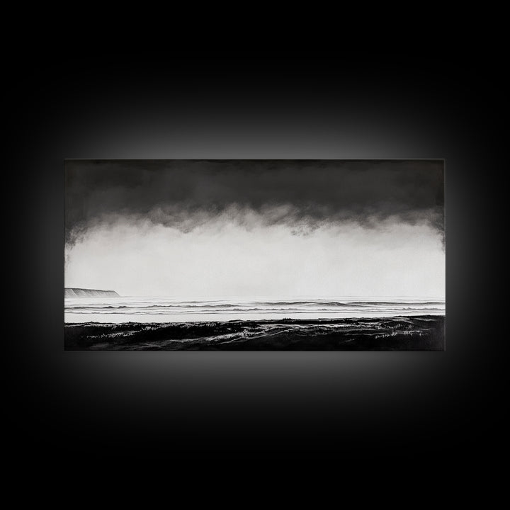 Foggy Ocean, Misty Beach, Black and White Minimalist, Canvas Print, Modern Wall Art, Bedroom Decor, Neutral Tones, Serene Seascape
