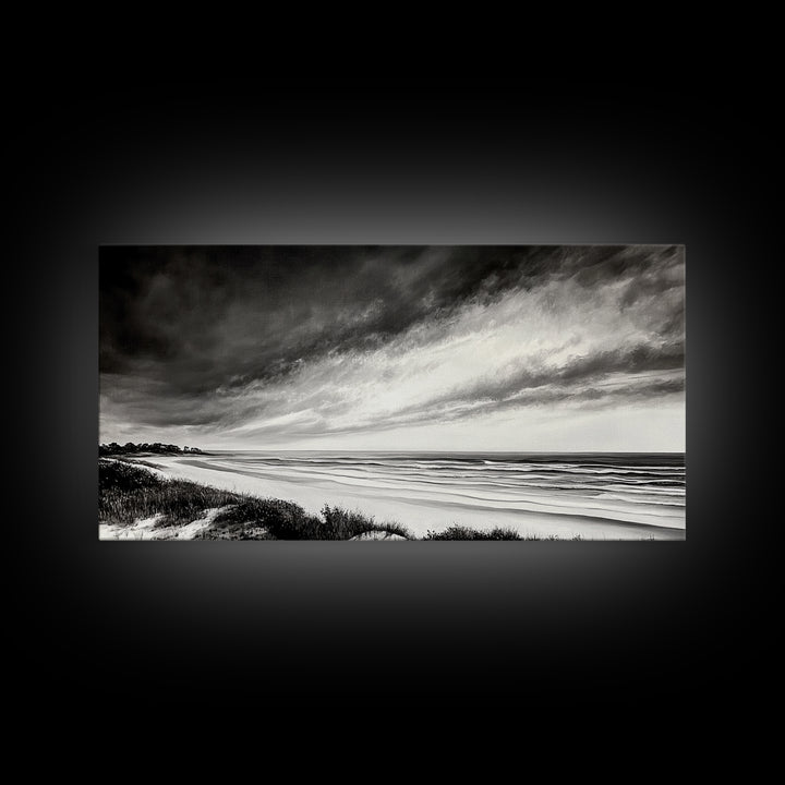 Coastal Storm, Dramatic Beach Scene, Black and White Seascape, Modern Coastal Art, Neutral Wall Decor, Canvas Print, Living Room Art