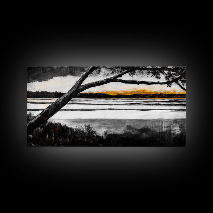 River Sunset, Golden Hour Reflection, Tranquil Waterscape, Moody Landscape Art, Nature Lover Gift, Canvas Print, Bedroom Wall Decor