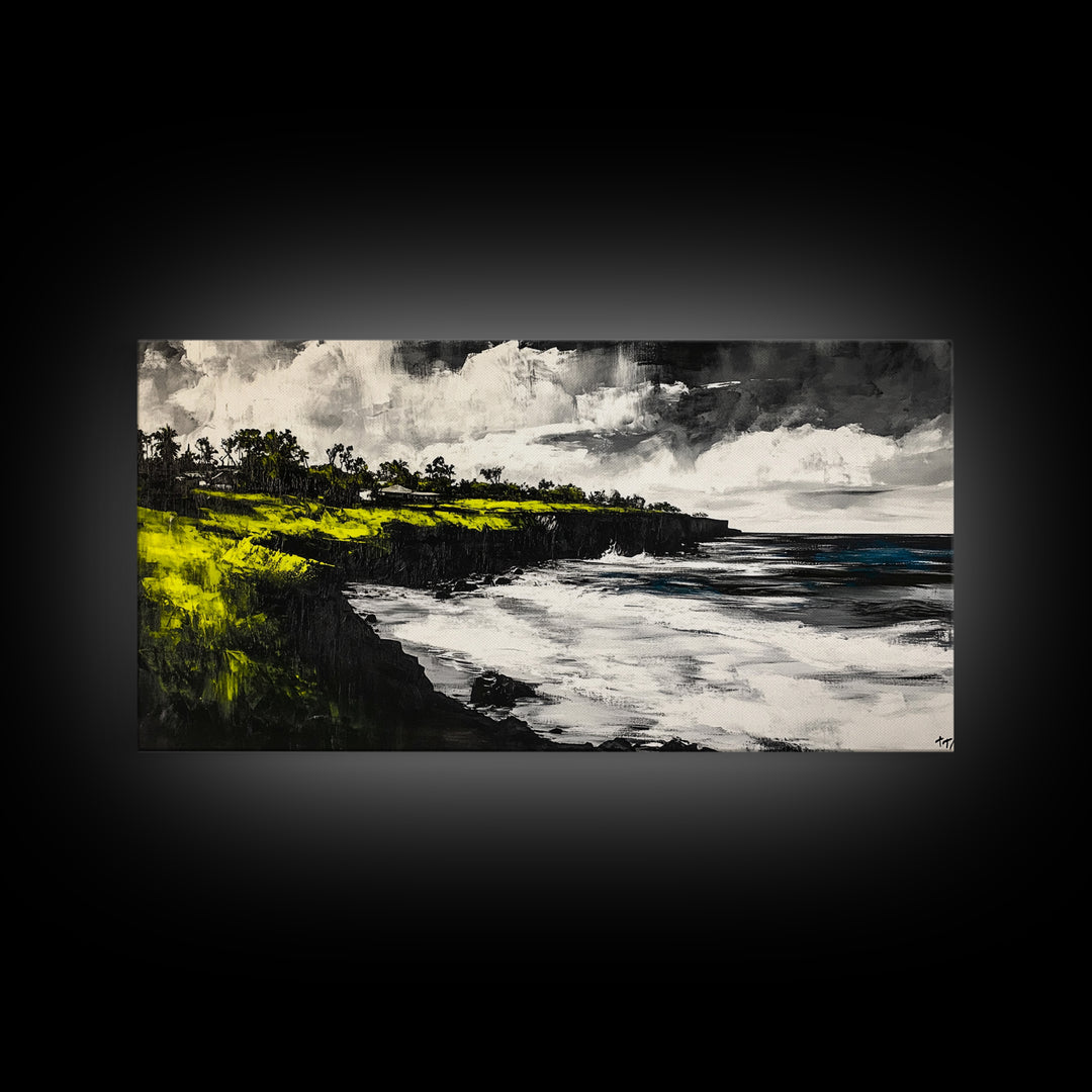 Cliffside Ocean View Landscape, Black and White Seascape, Nautical Wall Decor, Living Room Art, Beach House Scene, Framed Canvas Print