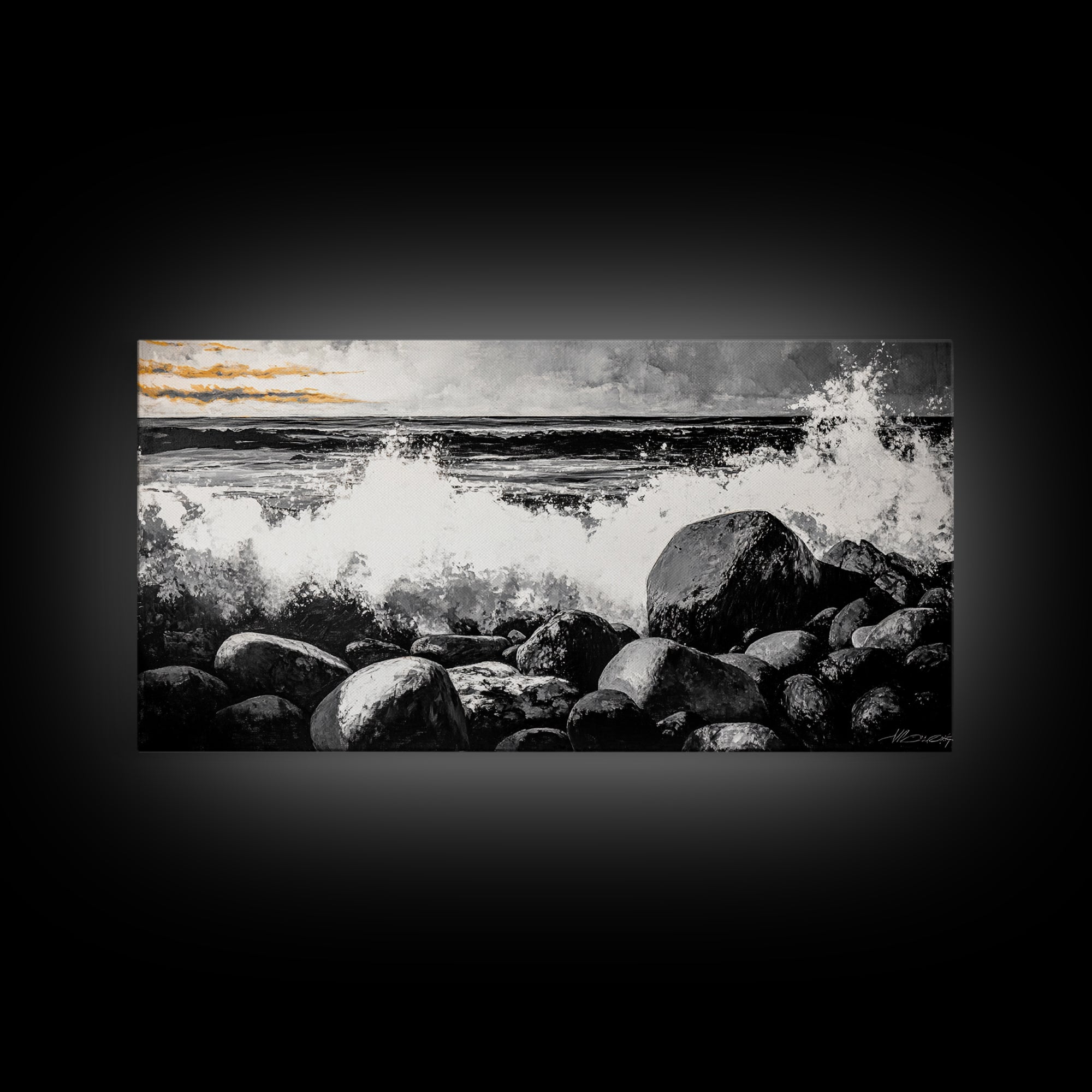 Rocky Shore, Powerful Ocean Waves, Dramatic Black and White Seascape, Coastal Home Decor, Framed Canvas Print, Living Room Accent