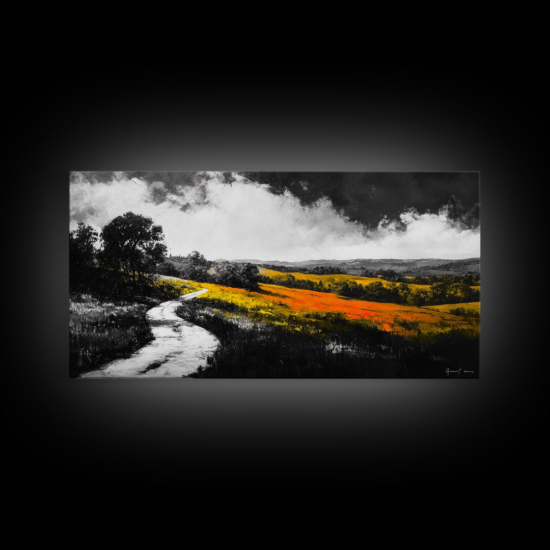 Rolling Hills, Country Path, Black and White Landscape, Canvas Print, Autumn Fields, Minimalist Wall Art, Living Room Decor, Bold Contrast