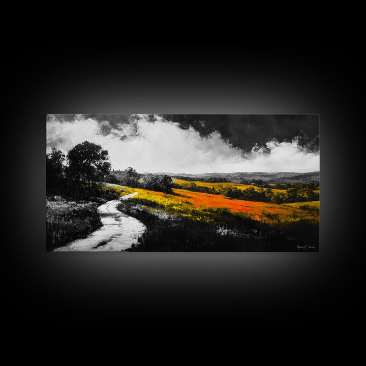 Rolling Hills, Country Path, Black and White Landscape, Canvas Print, Autumn Fields, Minimalist Wall Art, Living Room Decor, Bold Contrast
