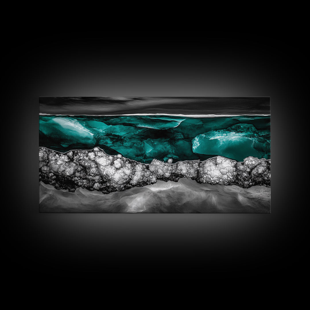 Ocean Depths, Abstract Water, Teal and Black, Framed Canvas Print, Coastal Decor, Modern Wall Art, Living Room Accent, Textured Painting