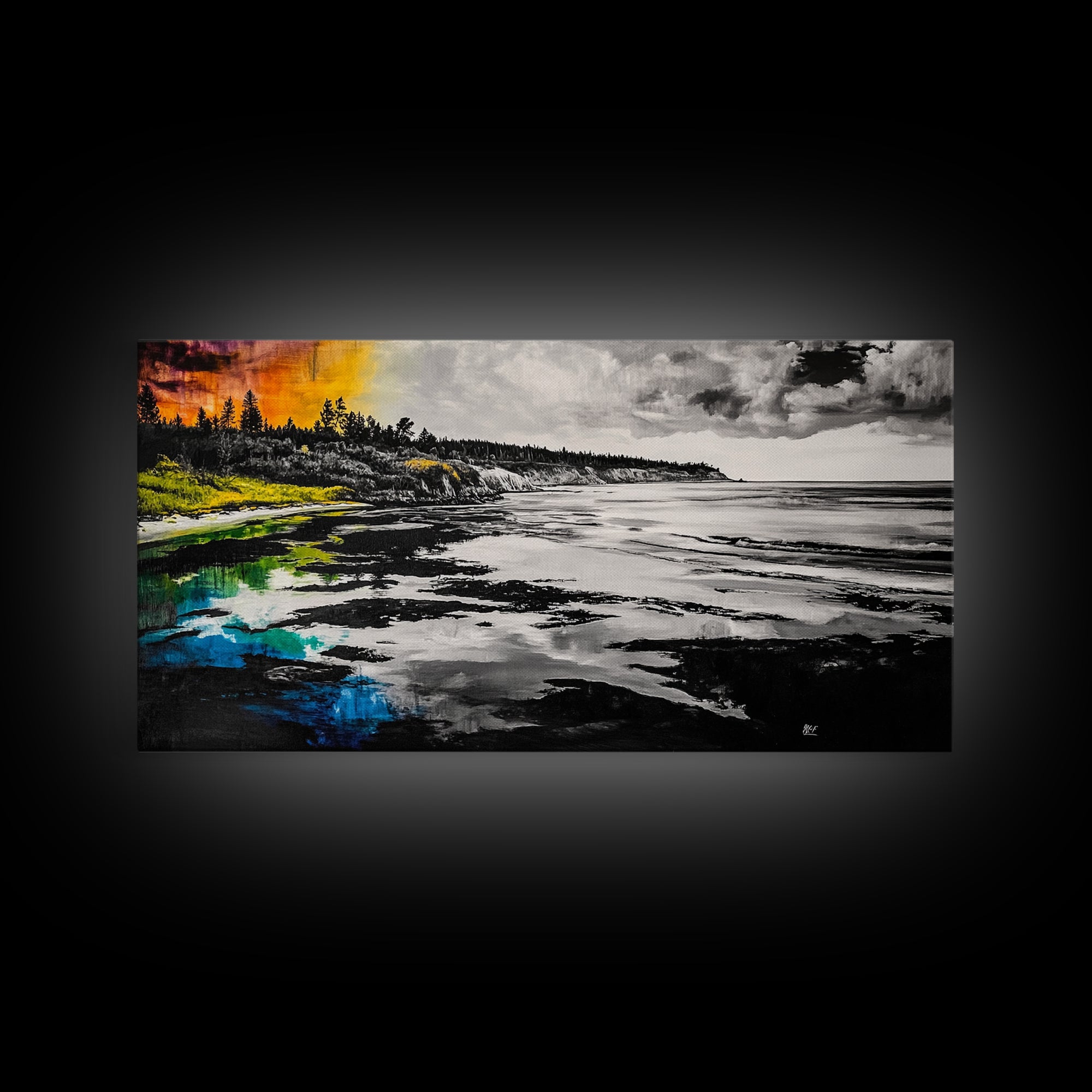 Coastal Landscape, Black White, Ocean View Art, Beach Canvas Print, Living Room Wall Art, Seascape Painting, Nautical Decor, Large Art