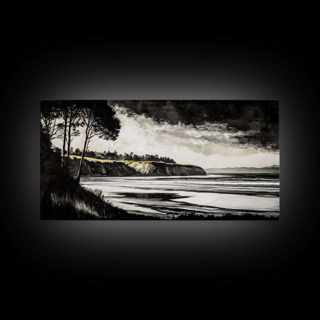 Black White, Coastal Cliffs, Seascape, Large Canvas Print, Ocean Wall Art, Modern Landscape, Minimalist Painting, Nautical Home Decor