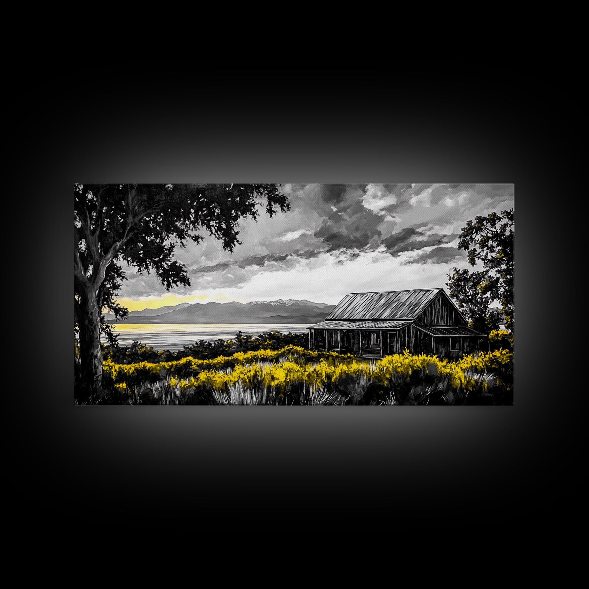 Rustic Cabin, Lake View, Black White Yellow, Large Canvas Print, Country Landscape, Farmhouse Wall Art, Living Room Decor, Framed Artwork