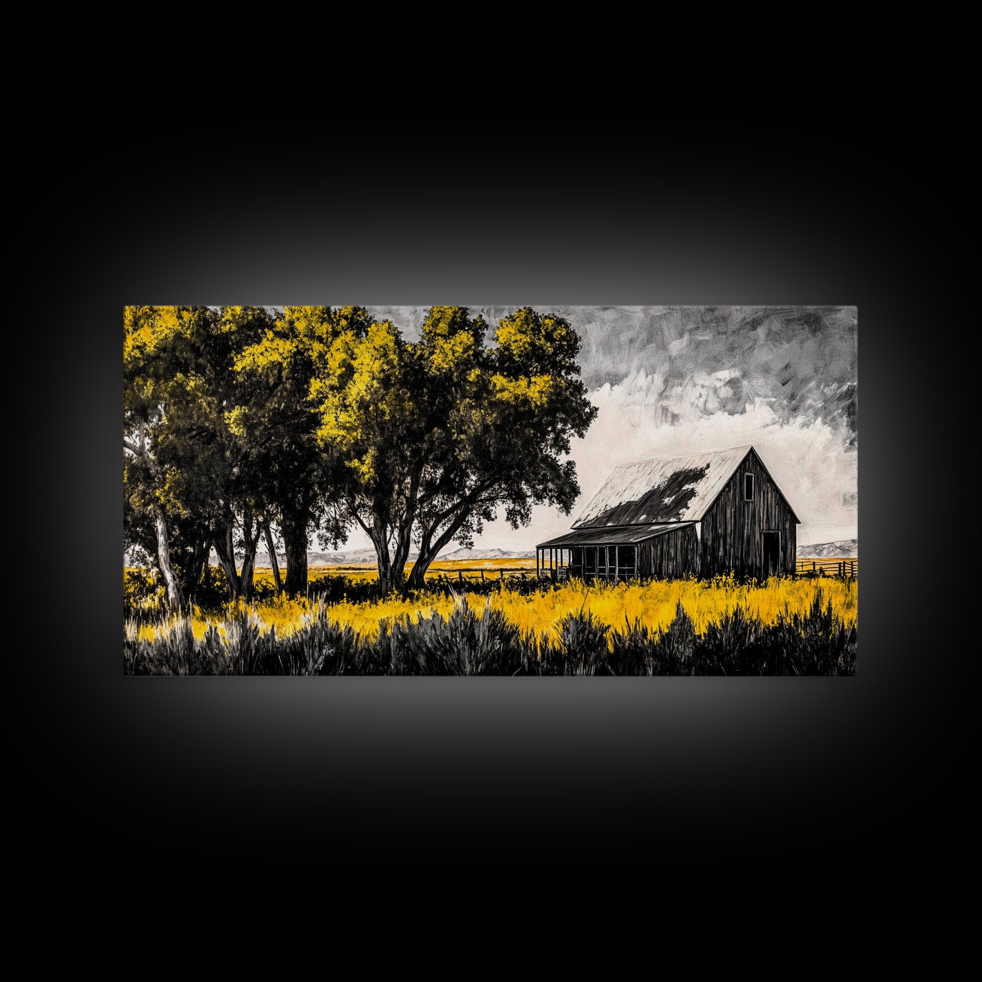 Rustic Barn, Country Wall Art, Western Farmhouse Decor, Black and White Art, Nature Landscape, Living Room Wall Art, Framed Canvas Print