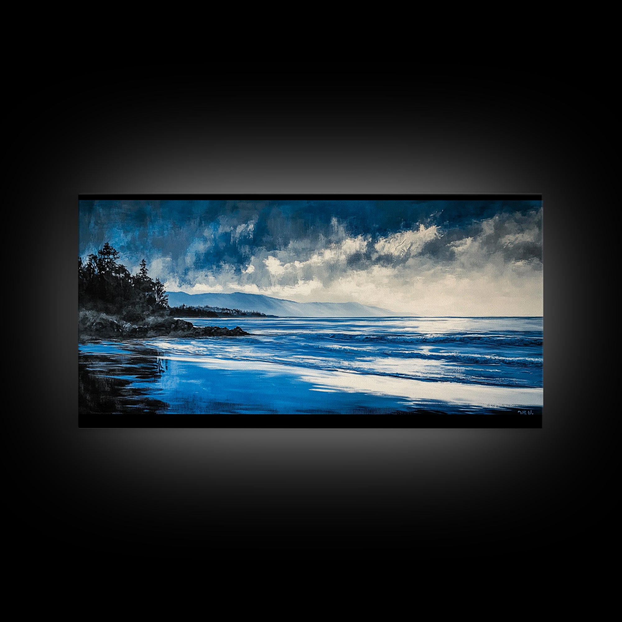 Blue Seascape, Coastal Landscape, Ocean Horizon Art, Serene Beach Painting, Nautical Wall Decor, Living Room Wall Art, Framed Canvas Print