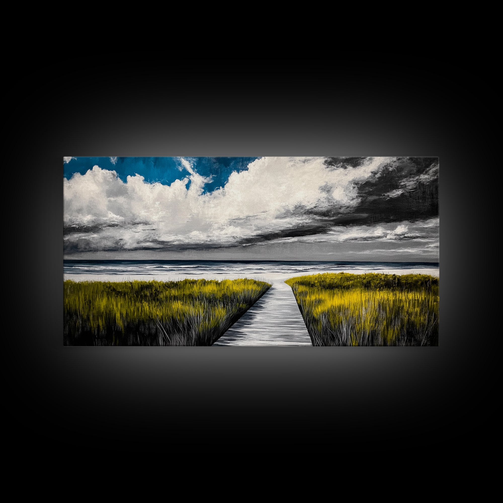Beach Boardwalk, Coastal Landscape, Black and White Seascape, Nautical Decor, Living Room Artwork, Beach House Scene, Framed Canvas Print