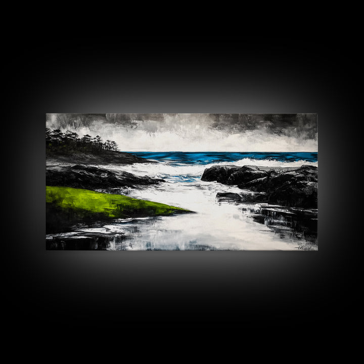 Rocky Shore, Ocean Wave Art, Coastal Seascape, Dramatic Beach Painting, Nautical Home Decor, Modern Coastal Print, Canvas Print