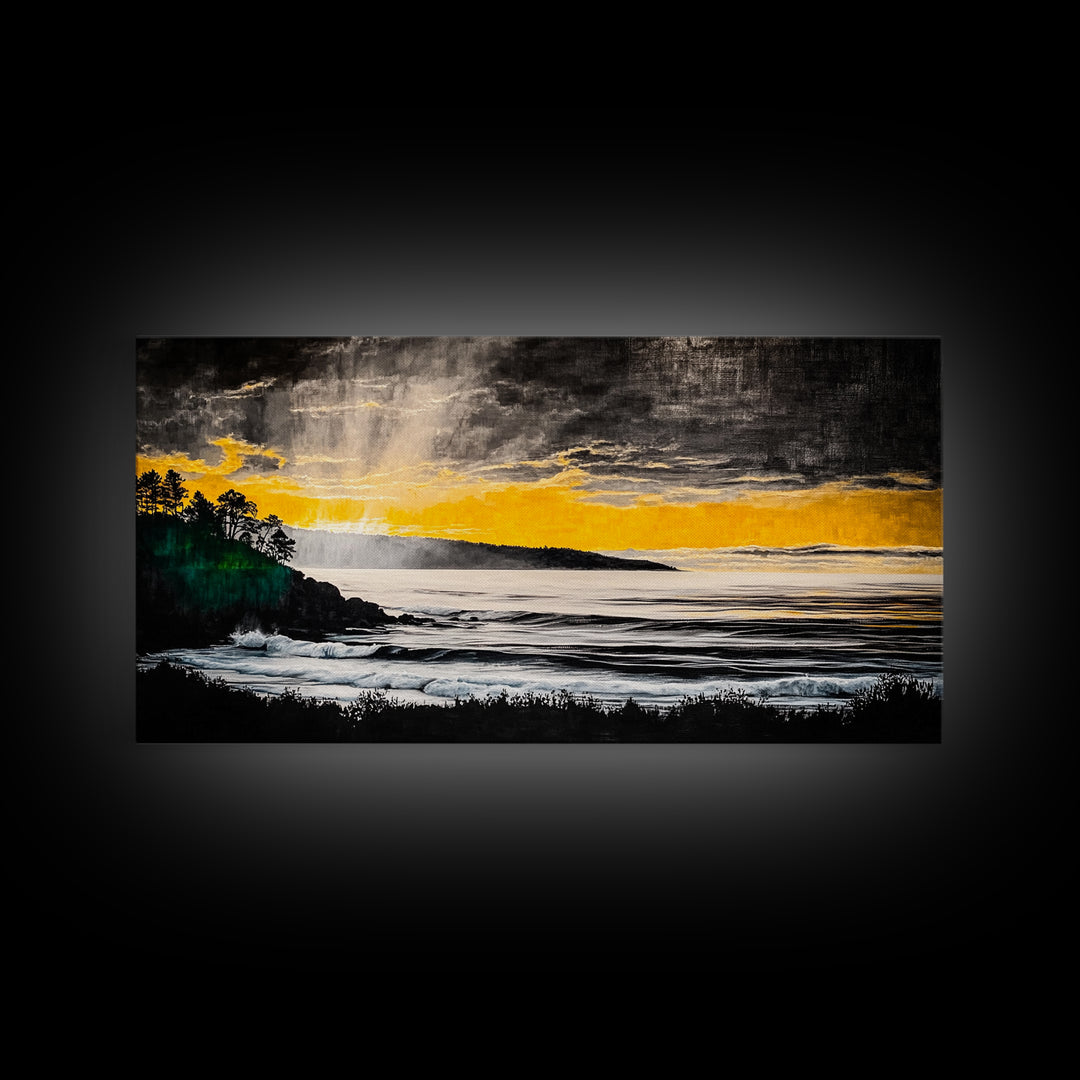 Golden Sunset, Coastal Painting, Dramatic Sky, Framed Canvas Print, Seascape Wall Art, Contemporary Art, Bedroom Wall Decoration