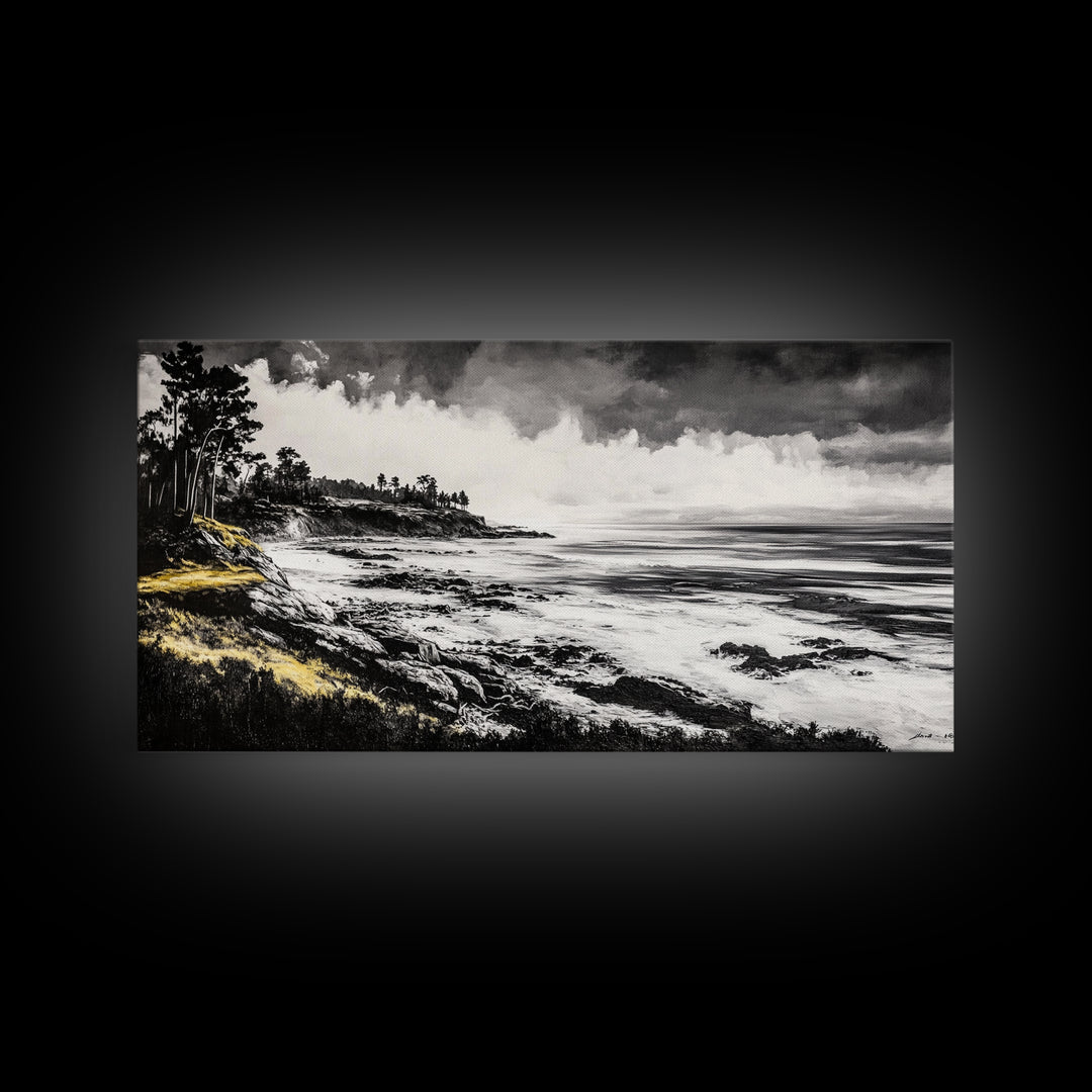 Rocky Shore, Monochrome Art, Serene Beach, Canvas Print, Coastal Landscape, Minimalist Art, Office Wall Decor, Nature Inspired Art