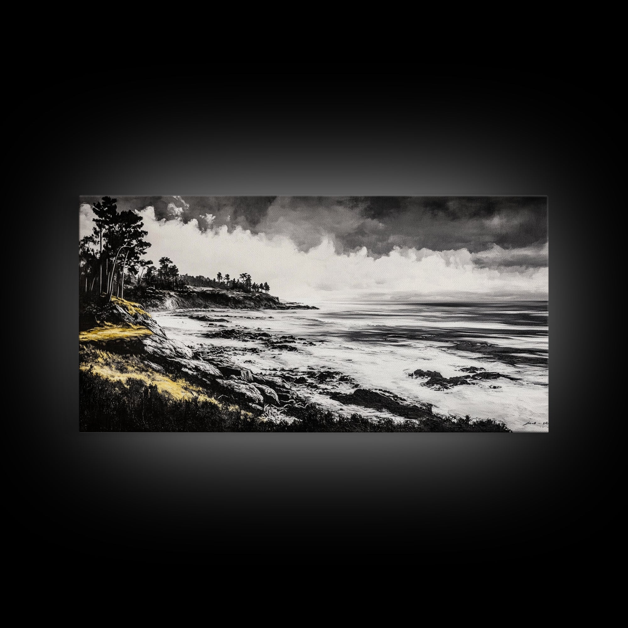 Rocky Shore, Monochrome Art, Serene Beach, Canvas Print, Coastal Landscape, Minimalist Art, Office Wall Decor, Nature Inspired Art