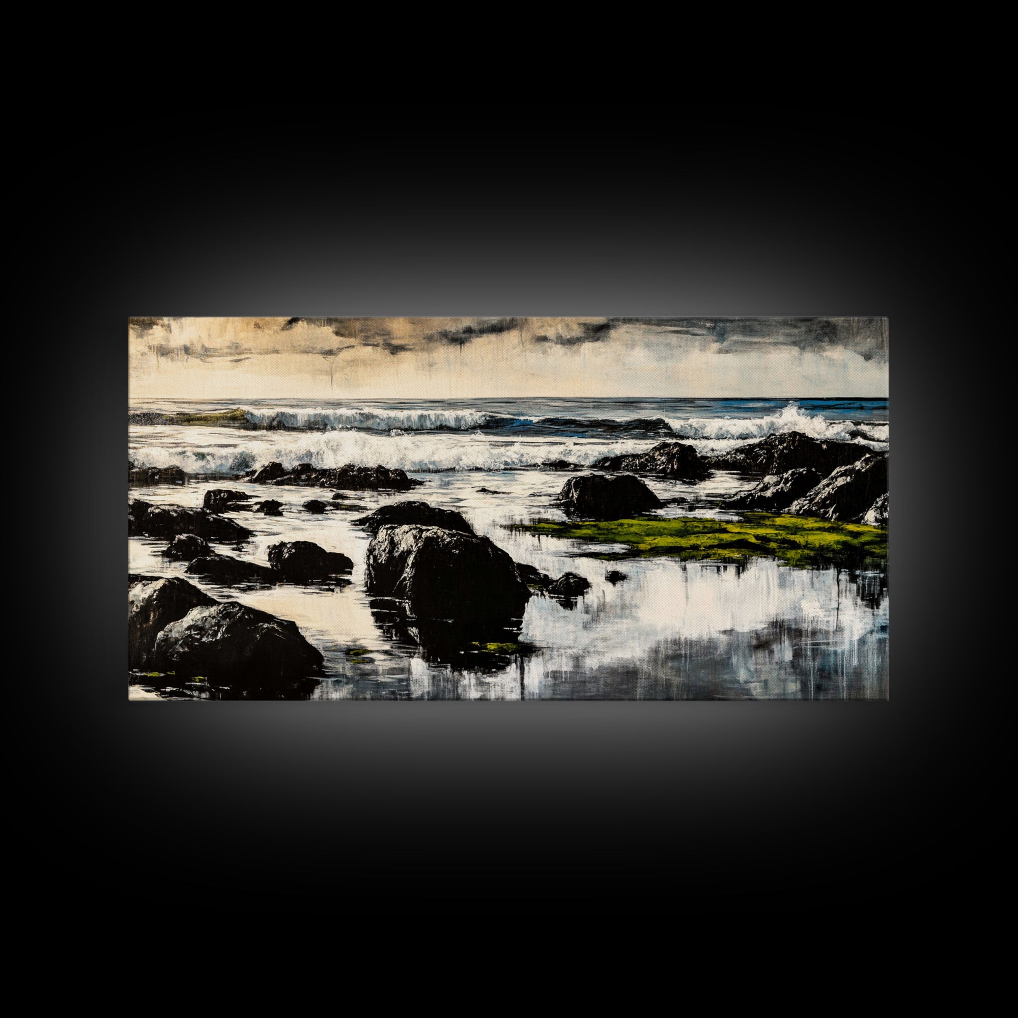Rocky Coastline, Ocean Waves, Moody Seascape, Canvas Print, Nautical Wall Art, Monochrome Landscape, Bedroom Wall Art, Nature Aesthetic