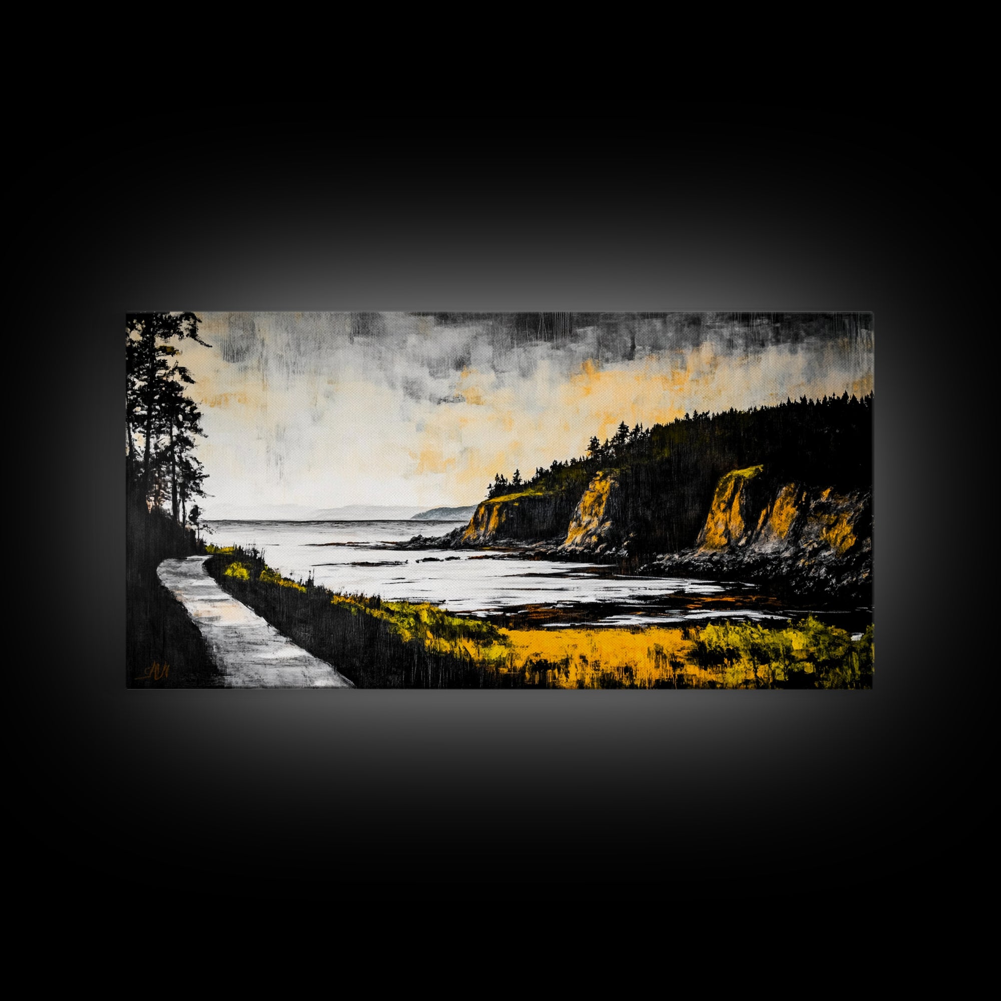 Rugged Shore, Coastal View, Autumn Landscape, Framed Canvas Print, Beach House Art, Living Room Wall Art, Minimalist Seascape Decor