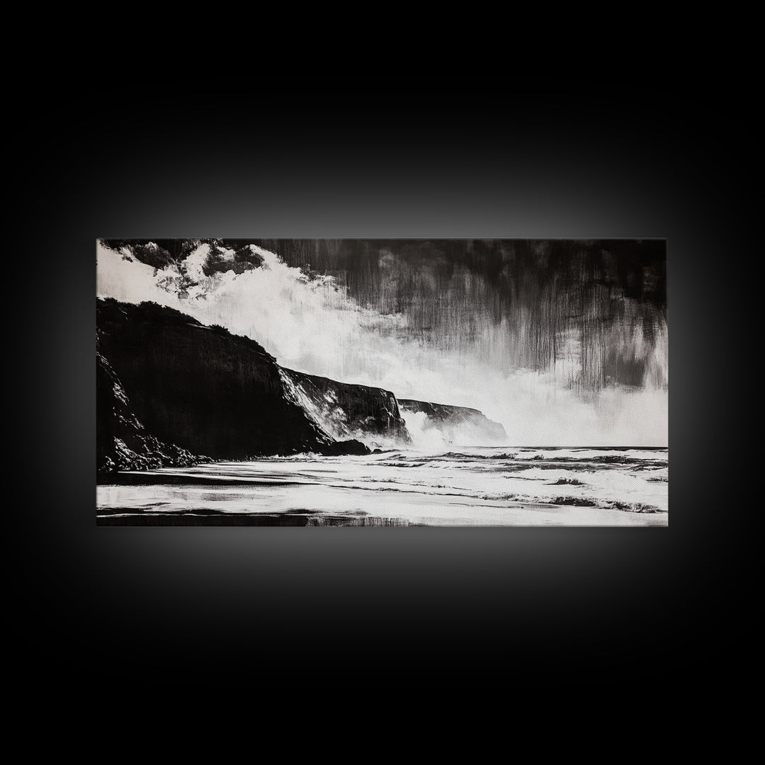Cliffside Beach, Dramatic Seascape View, Framed Canvas Print, Black and White Art, Minimalist Decor, Bedroom Wall Art, Coastal Aesthetic