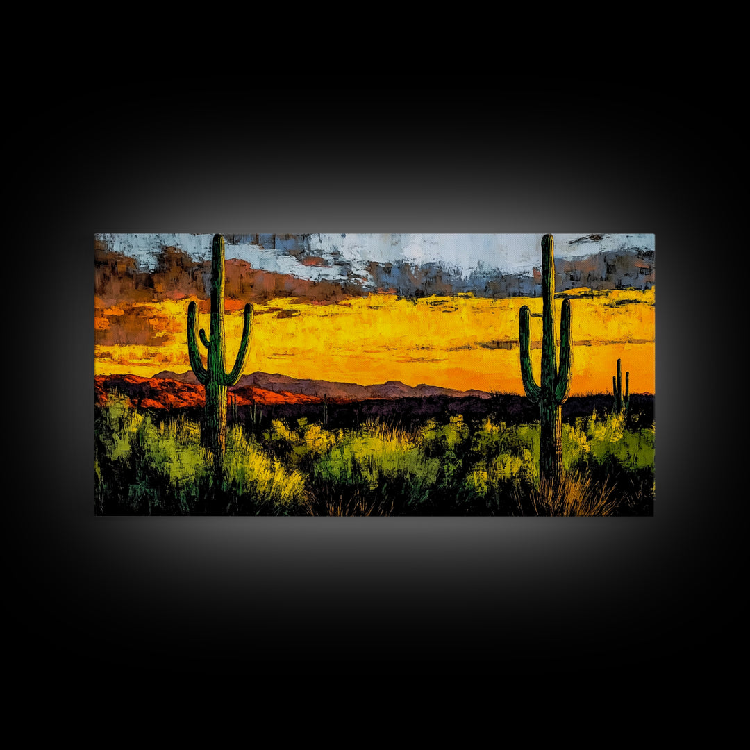 Desert Cactus, Western Sunset Art, Vibrant Landscape Canvas Print, Rustic Home Decor, Southwestern Wall Art, Office Art