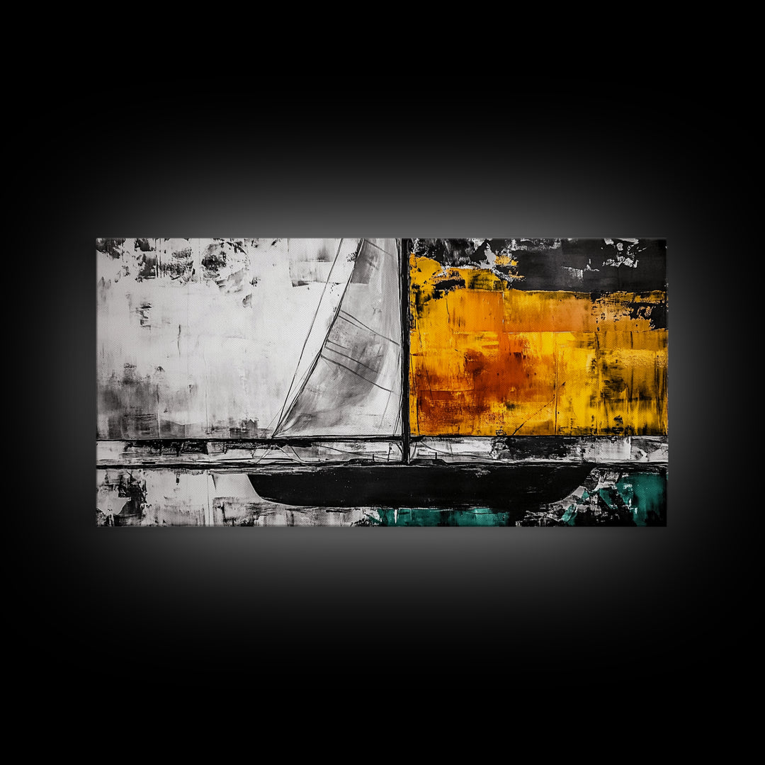 Abstract Sailboat, Nautical Canvas Print, Modern Minimalist Wall Art, Coastal Home Decor, Black and White Painting, Living Room Art