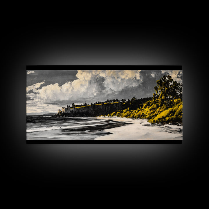 Castle Beach, Coastal Wall Art, European Landscape, Scenic Seascape, Travel Art, Historic Home Decor, Framed Canvas Print, Living Room Art