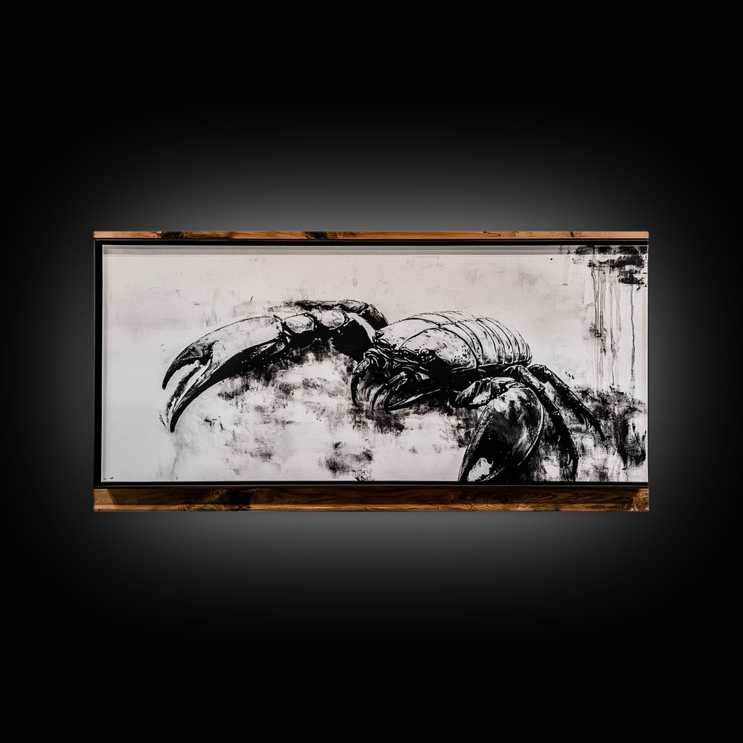 Crab Art, Black and White Coastal Decor, Nautical Wall Art, Beach House Aesthetic, Rustic Framed Canvas Print, Ocean Wildlife Art