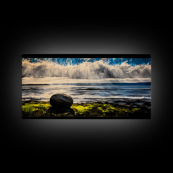 Coastal Rain, Ocean Reflection, Scenic Wall Art, Framed Canvas Print, Serene Nature Print, Landscape Decor, Bedroom Wall Art