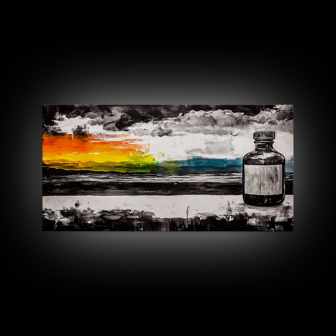 Medicine Bottle, Surreal Art, Sunset Print, Framed Canvas Print, Dreamy Landscape, Modern Wall Decor, Eclectic Art, Office Artwork
