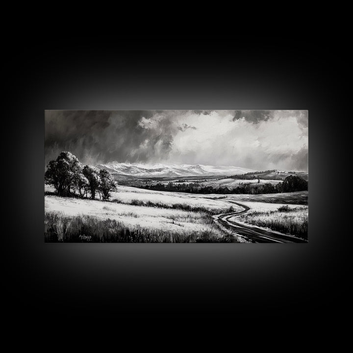 Winter Landscape, Black White, Scenic Country Road, Framed Canvas Print, Serene Nature Art, Rustic Wall Decor, Bedroom Artwork