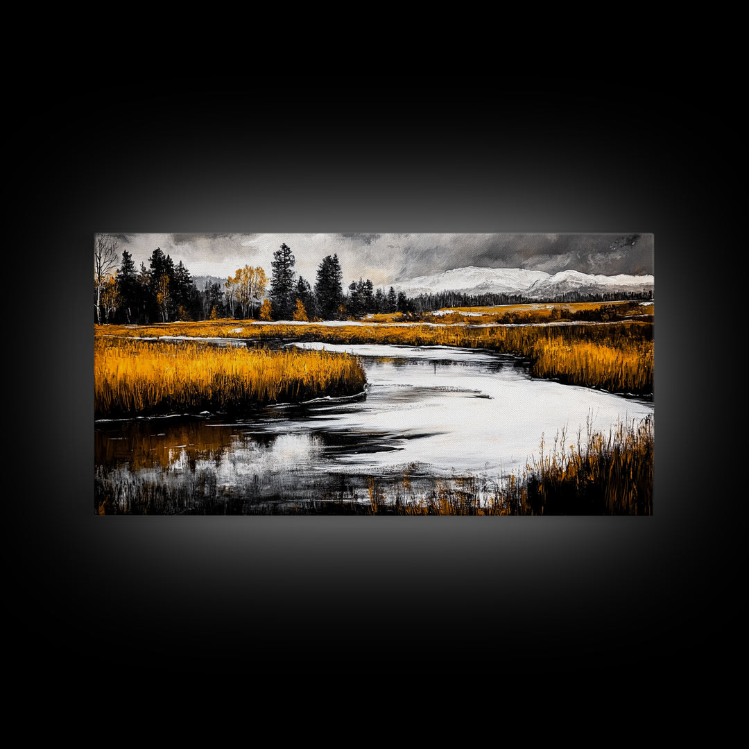 Autumn Landscape, Rustic River Scene, Golden Fields, Nature Wall Art, Farmhouse Style, Cabin Decor, Warm Tones, Framed Canvas Print