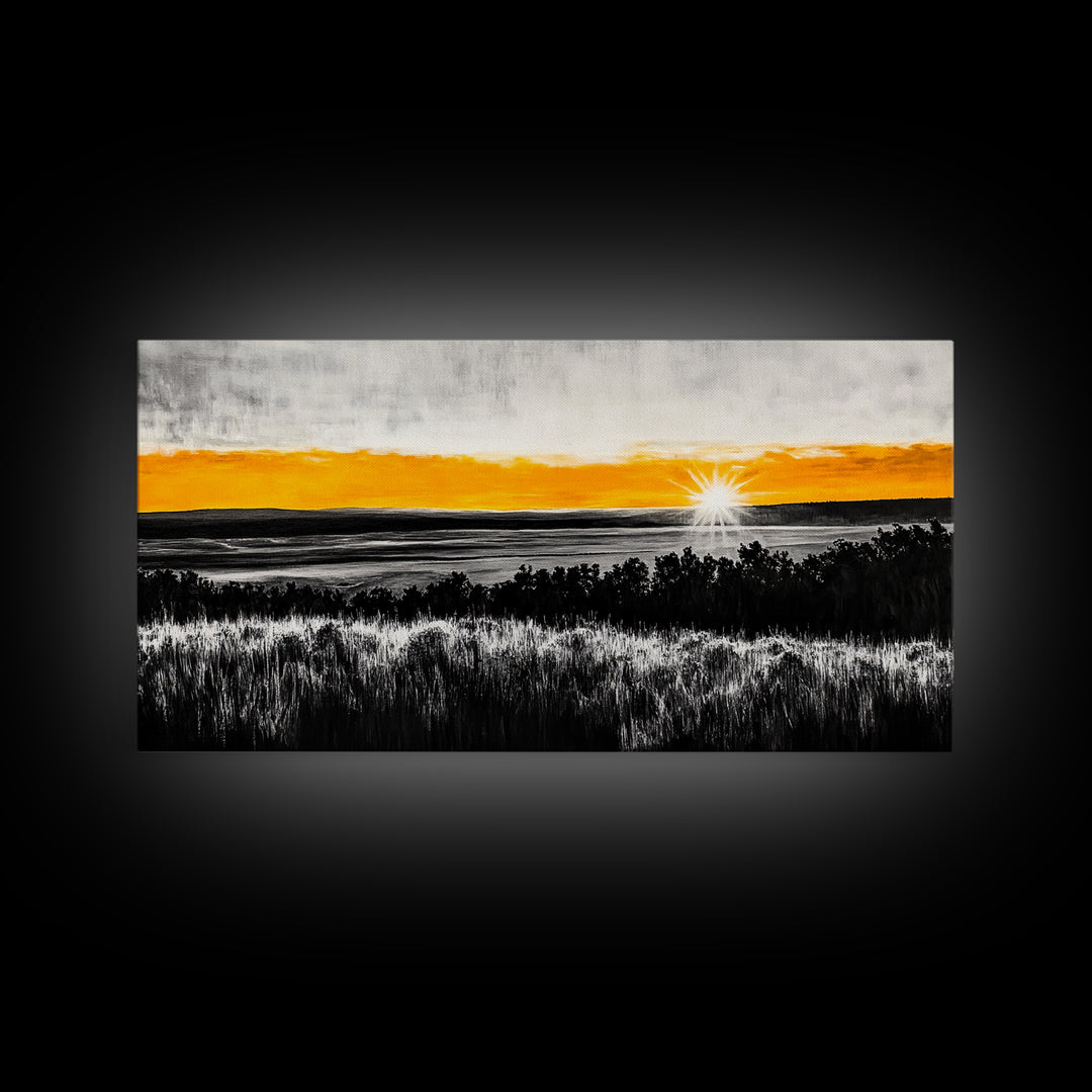 Sunrise Over Fields, Golden Light, Black and White Contrast, Tranquil Scene, Minimalist Wall Art, Warm Tones, Framed Canvas Print