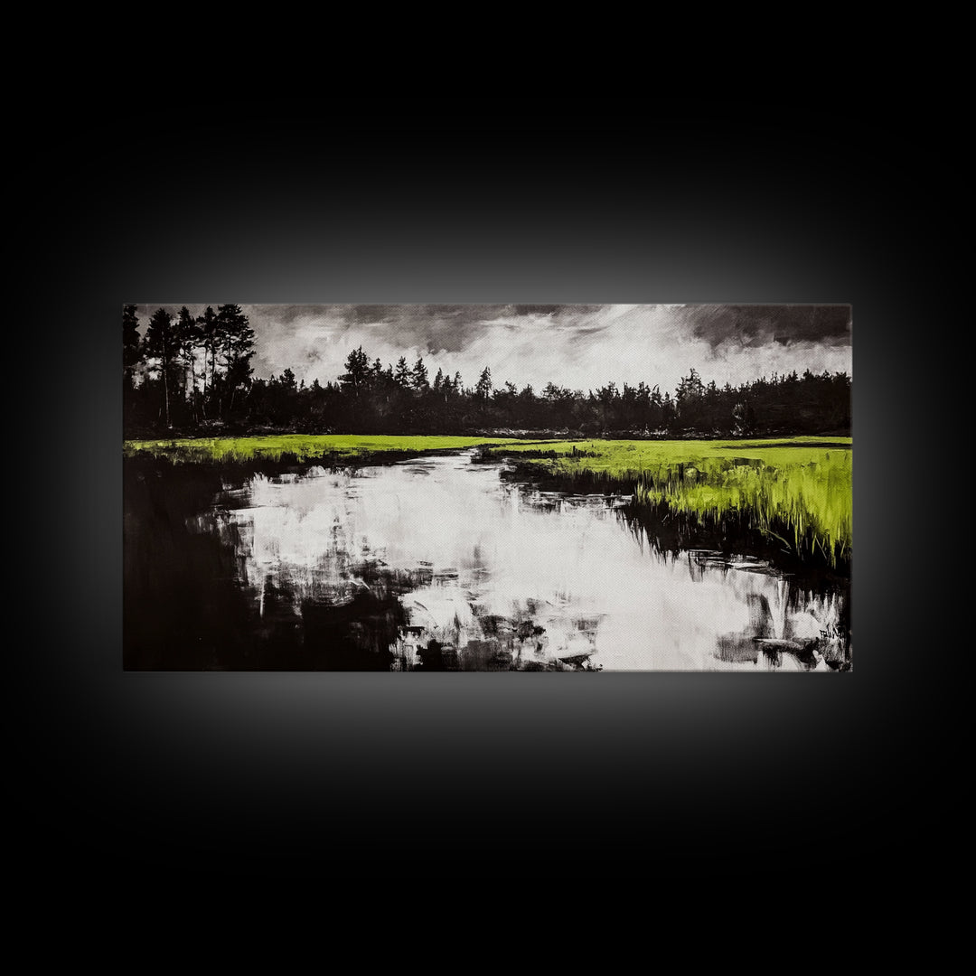 River Reflection, Nature Art, Moody Landscape, Modern Canvas Print, Green and Black, Office Wall Art, Minimalist Home Decor, Rustic Art