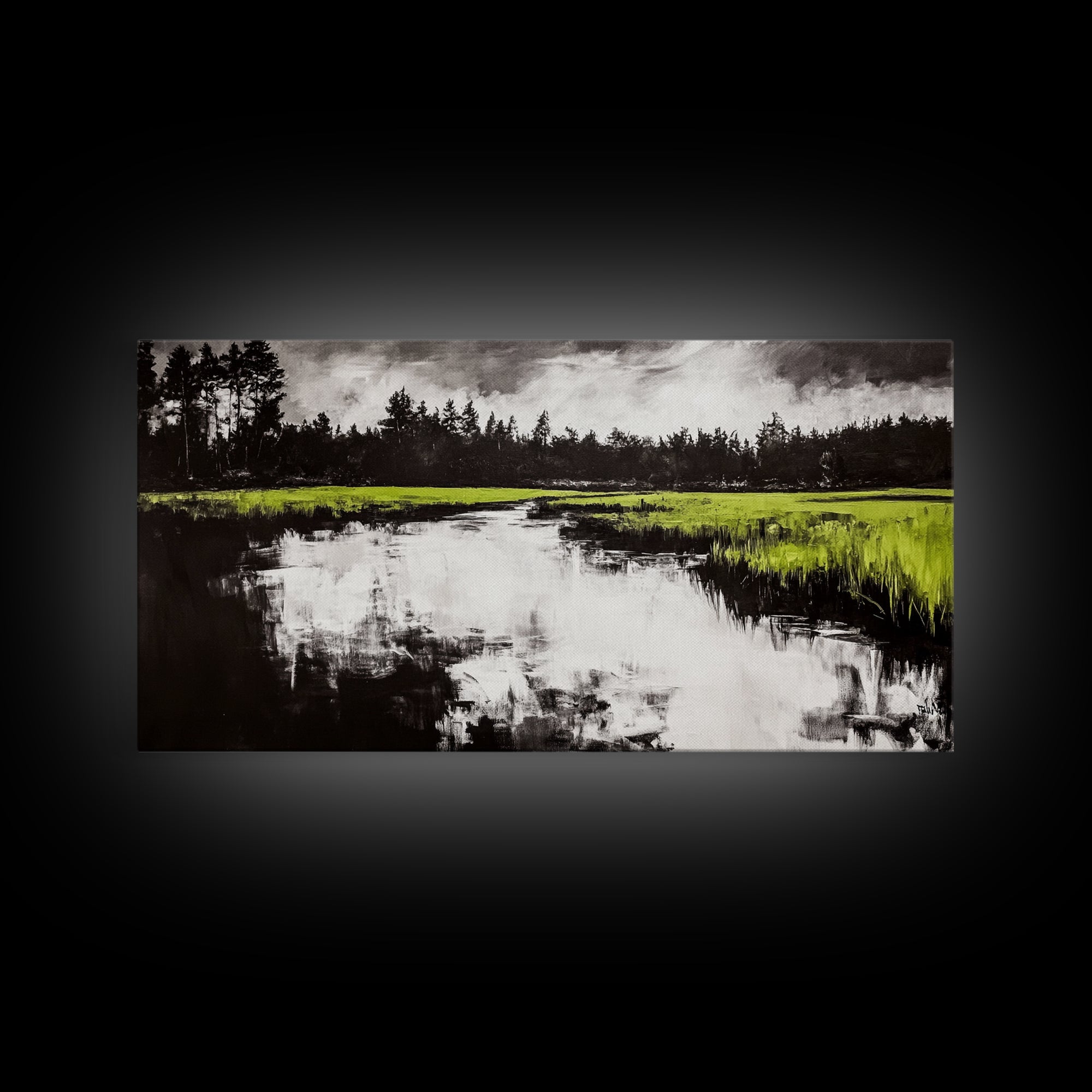 River Reflection, Nature Art, Moody Landscape, Modern Canvas Print, Green and Black, Office Wall Art, Minimalist Home Decor, Rustic Art