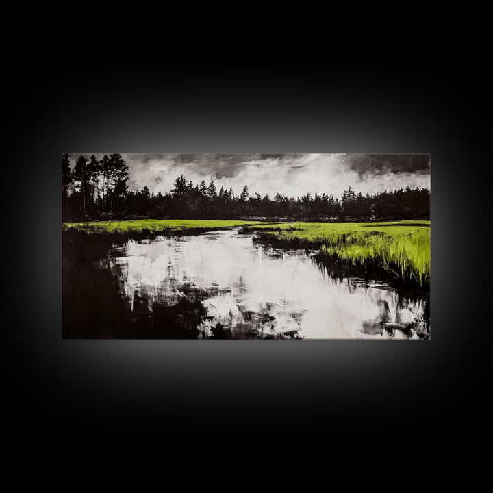 River Reflection, Nature Art, Moody Landscape, Modern Canvas Print, Green and Black, Office Wall Art, Minimalist Home Decor, Rustic Art