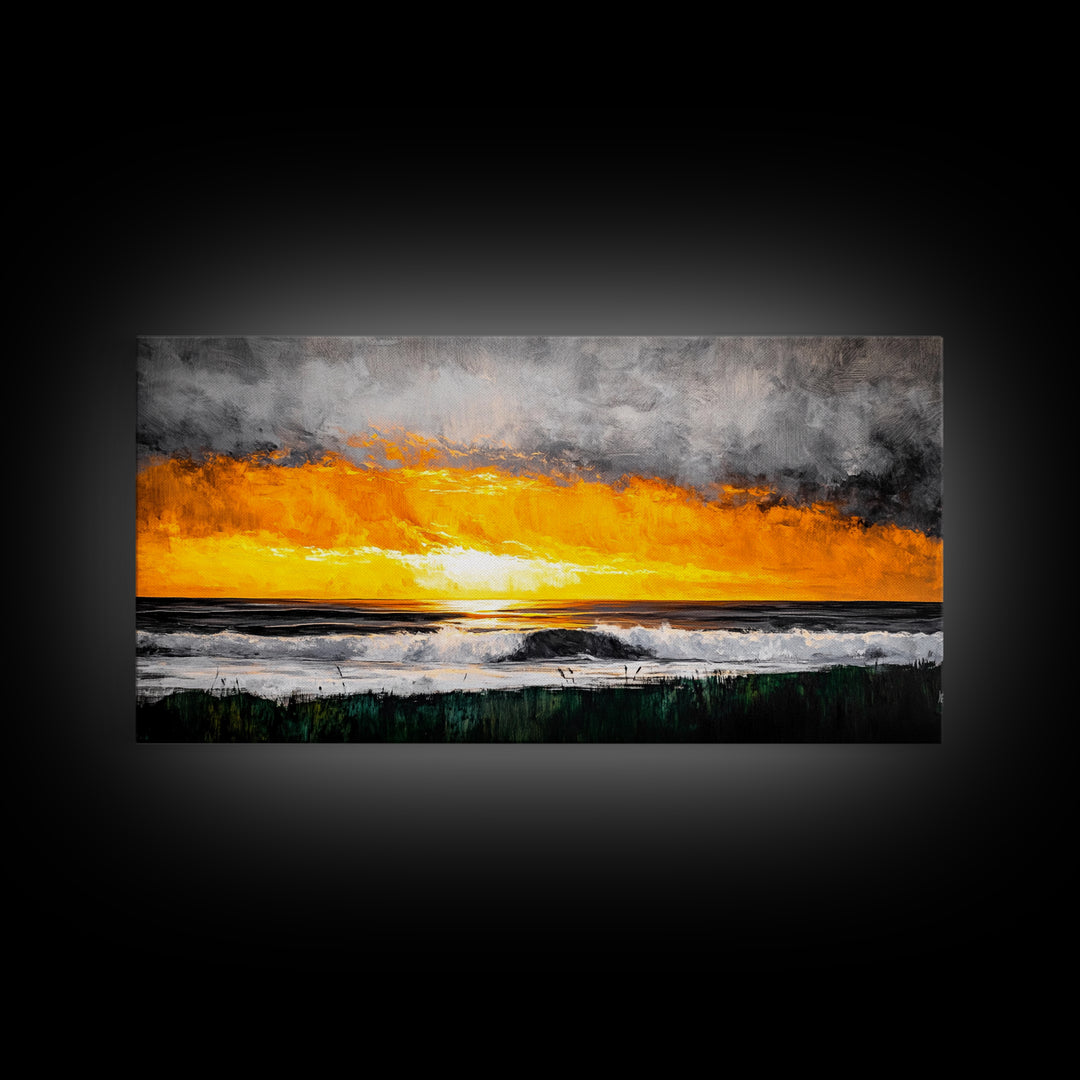 Ocean Sunset, Dramatic Clouds, Beach Waves, Framed Canvas Print, Coastal Wall Art, Living Room Art, Large Wall Decor