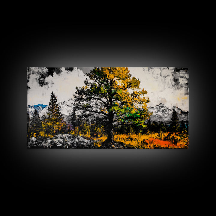 Autumn Tree Art, Mountain Landscape Painting, Fall Wall Decor, Nature Lover Gift, Framed Canvas Print, Rustic Cabin Home Accent