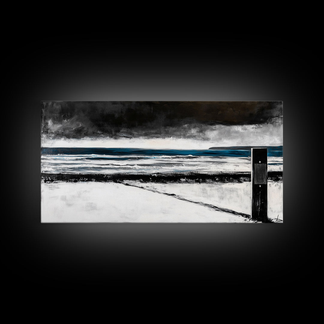 Stormy Beach Scene, Moody Ocean Painting, Coastal Wall Art, Dark Seascape Print, Framed Canvas Print, Dramatic Home Decor