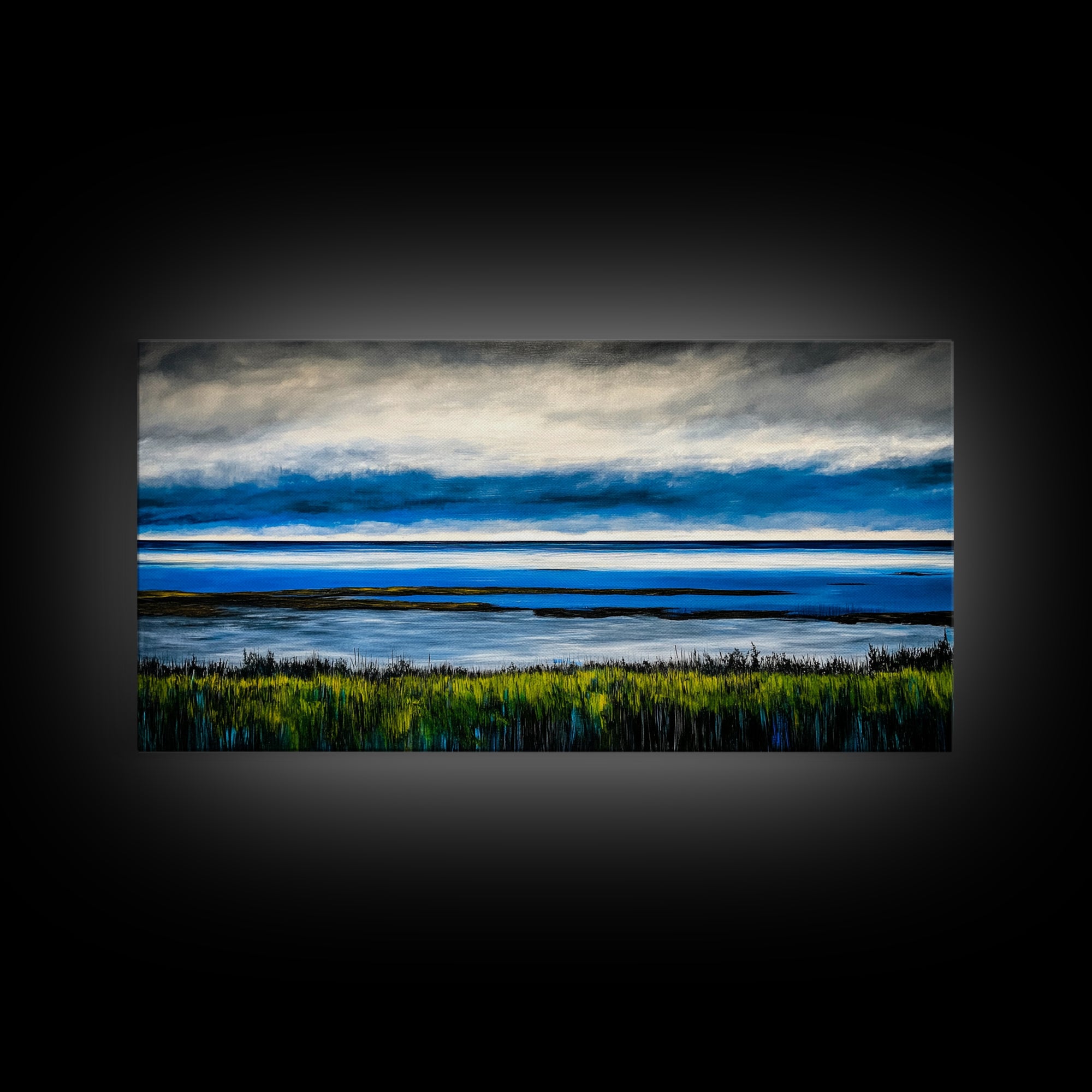 Ocean Horizon, Blue Sky, Coastal, Minimalist, Framed Canvas Print, Seascape Painting, Modern Wall Art, Living Room Decor, Tranquil Scene