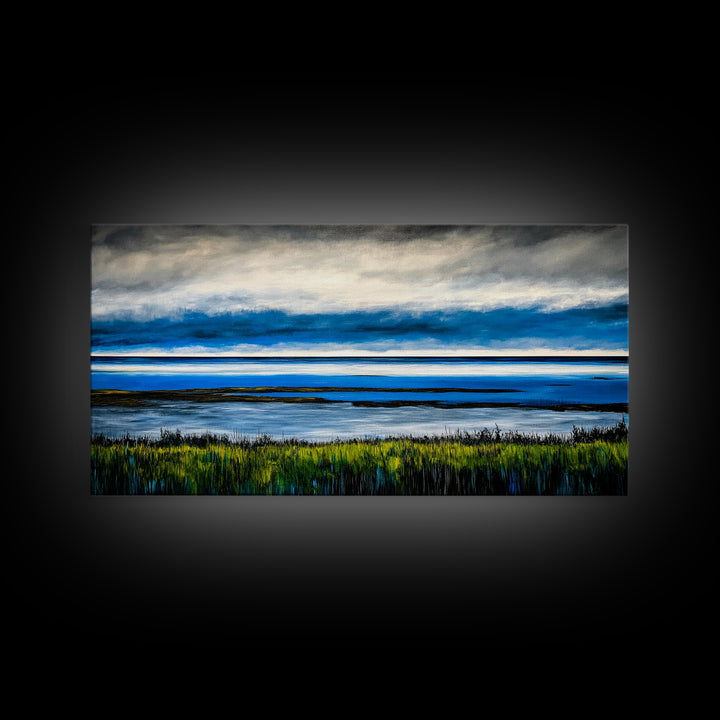 Ocean Horizon, Blue Sky, Coastal, Minimalist, Framed Canvas Print, Seascape Painting, Modern Wall Art, Living Room Decor, Tranquil Scene